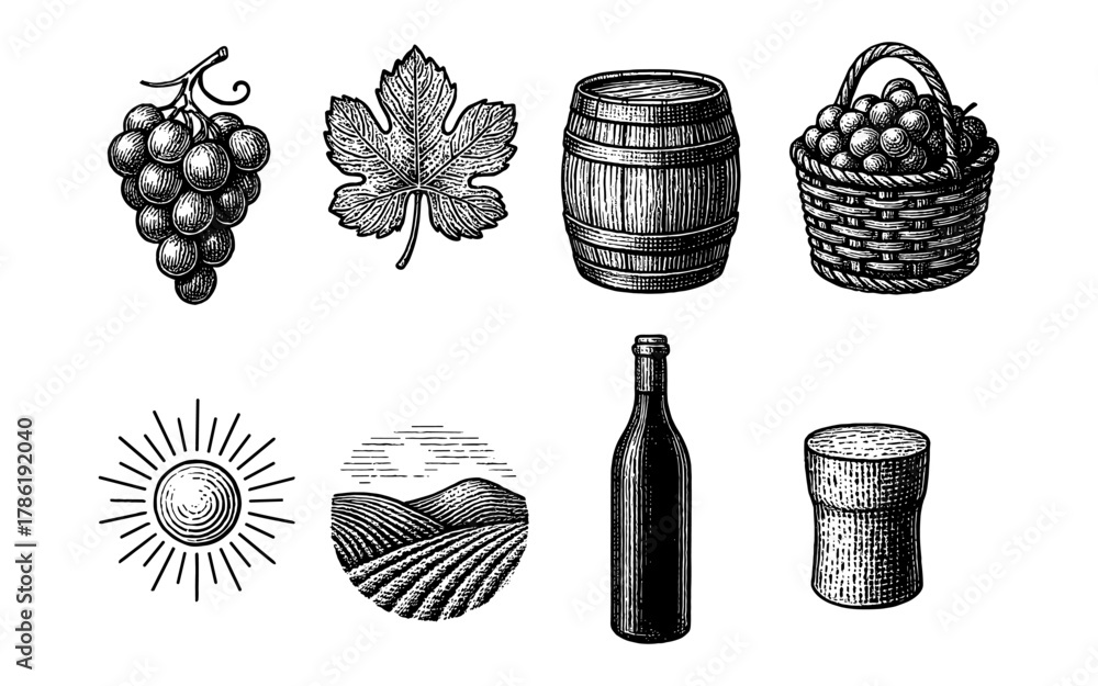 Naklejka premium Vintage winery elements: grapes, barrel, bottle, and vineyard icons