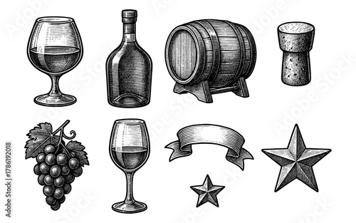 Vintage winery elements collection with wine glass, barrel, and grapes in engraved style
