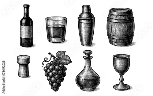 Vintage wine and bar tools set in engraved style