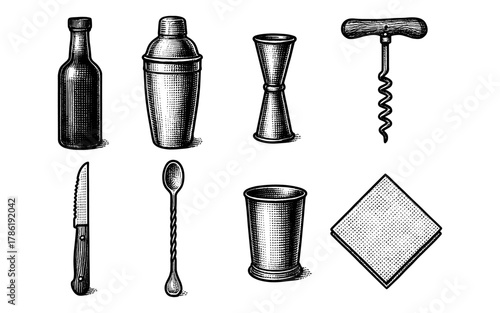 Vintage bar tools collection featuring corkscrew, cocktail shaker, and more