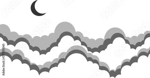 Layered grey clouds and crescent moon against a light grey sky vector illustration