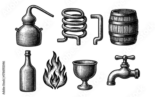 Vintage distillery equipment set featuring hand-drawn barrel, flask, and copper coil