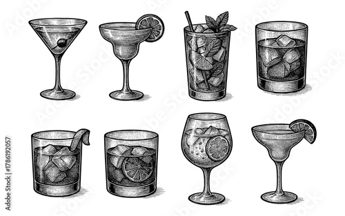 Vintage cocktail collection with classic drink glasses in etched style