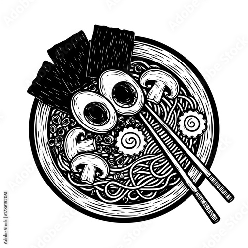 A detailed black and white illustration of a Japanese ramen noodle soup bowl with egg, mushrooms, and nori, viewed from above.