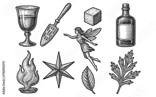 Vintage engraving of absinthe fairy, tools, and mystical elements in classic style