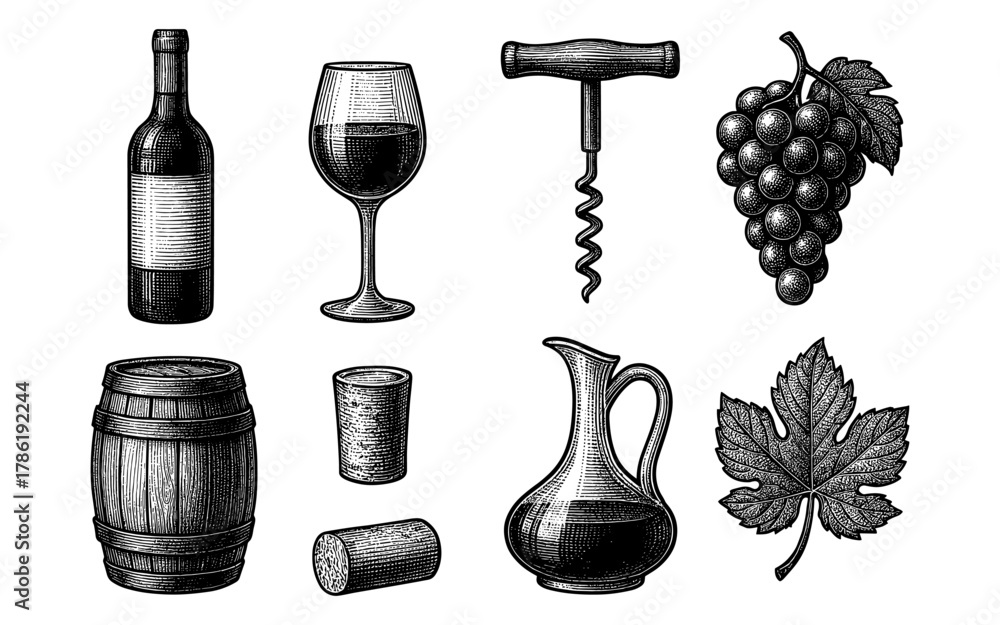 Naklejka premium Vintage wine elements set with barrel, grapes, and corkscrew in engraved style