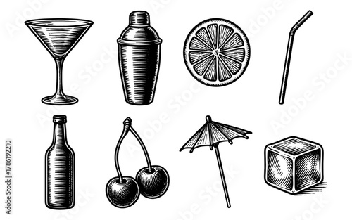 Retro bar items collection: cocktail glass, shaker, citrus slice, and more in vintage style