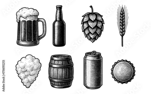 Vintage brewing icon set: beer mug, bottle, hop, and barrel in detailed engraving style