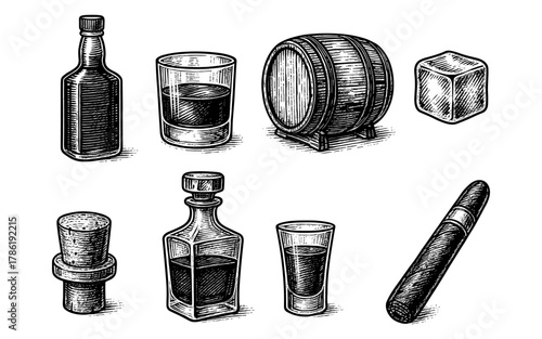 Vintage engraving of whiskey elements: barrel, glass, bottle, cube, cork, decanter, cigar