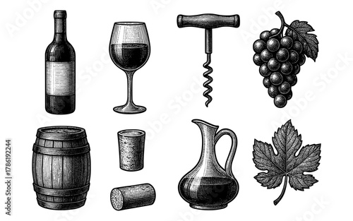 Vintage wine elements set with barrel, grapes, and corkscrew in engraved style