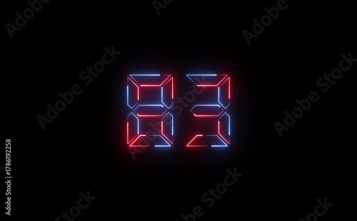 Illuminated digital display showing eighty three with red and blue neon lines on a black background