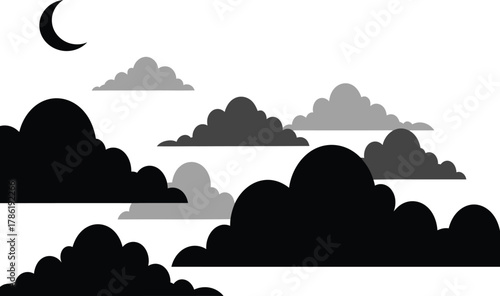 Stylized night sky with crescent moon and dark clouds on white background vector illustration