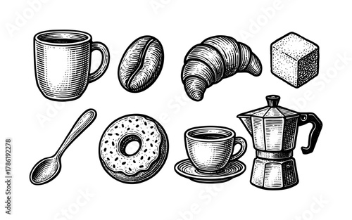 Hand-drawn coffee set with cups, croissant, and spoon on white background