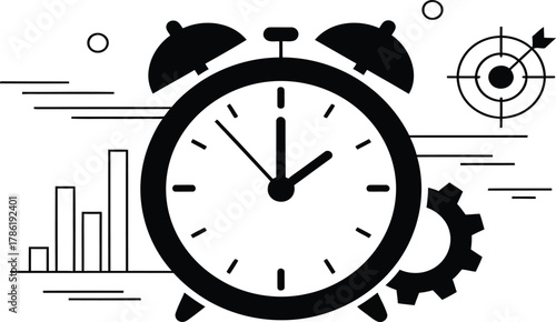 Black alarm clock with business icons on white background time finance