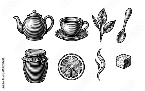 Vintage tea set with teapot, cup, lemon slice, and tea leaves in hand drawn style