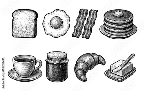 Hand drawn vintage breakfast food set with toast, eggs, and pancakes