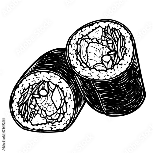 A detailed black and white hand-drawn illustration of two Japanese sushi maki rolls.