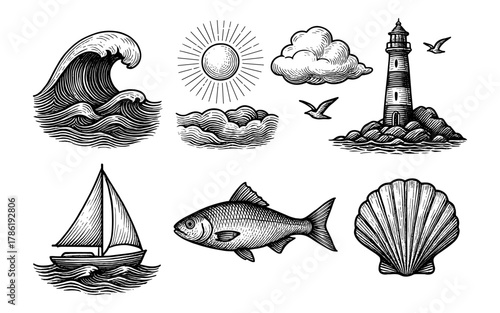 Nautical elements collection featuring lighthouse, waves, and marine life in retro style