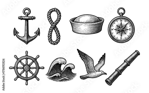 Nautical collection: vintage maritime icons including anchor, compass, and sailor hat