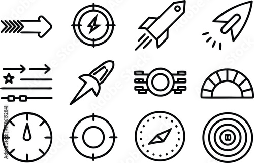 Speed and Performance Line Icons Set – Automotive Dashboard, Data Analytics, Velocity Symbols Vector