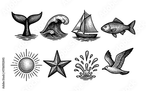 Vintage nautical designs: waves, boats, and sea life graphics