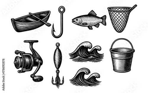 Vintage fishing elements with boat, hook, and fish in engraved style