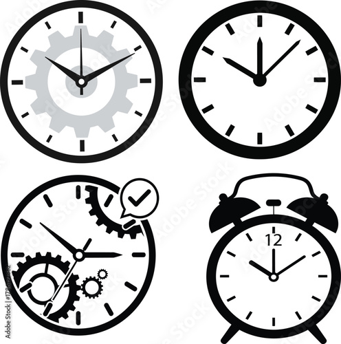 Four clock icons including alarm clock and gear mechanisms time gears