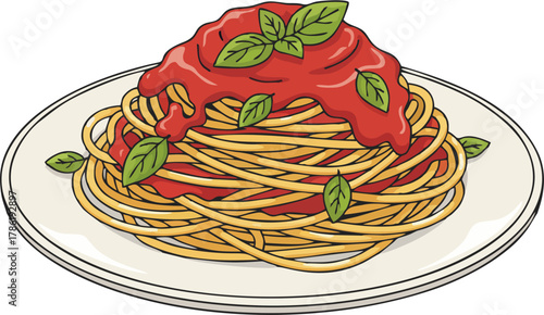 Spaghetti with Tomato Sauce and Basil Vector – Classic Italian Pasta Plate Illustration