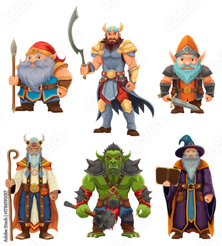 ancient fantasy characters for computer games: sorcerer, witcher, dwarf, elf, goblin, shaman, warrior cartoon stock vector illustration isolated on white background