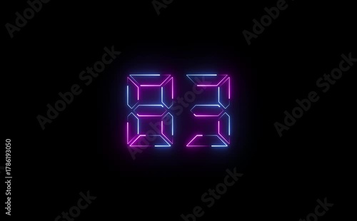 Illuminated eighty three number display with neon blue and magenta outlines on black backdrop