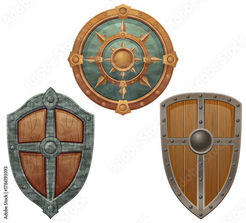 detailed vector illustration showing a variety of fantasy and ancient weapons and shields the image features swords, axes, hammers, spears, and torches