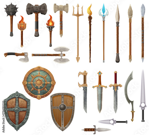 detailed vector illustration showing a variety of fantasy and ancient weapons and shields the image features swords, axes, hammers, spears, and torches