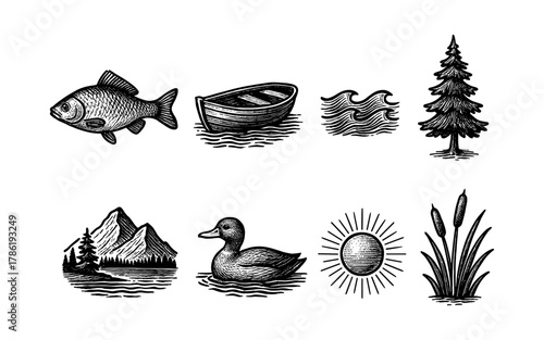 Vintage nature set: hand-drawn lake elements with fish, boat, and wildlife