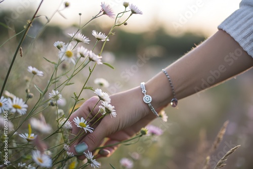 A bee rests on a white daisy in a field of flowers.