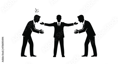 Mediator separates two arguing businessmen in formal attire, symbolizing conflict resolution.