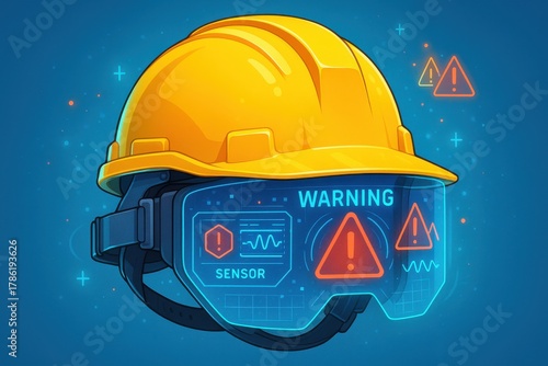 Safety helmet integrated with augmented reality goggles displaying warning alerts and sensor data. Concept of modern technology in construction, safety, and innovation.