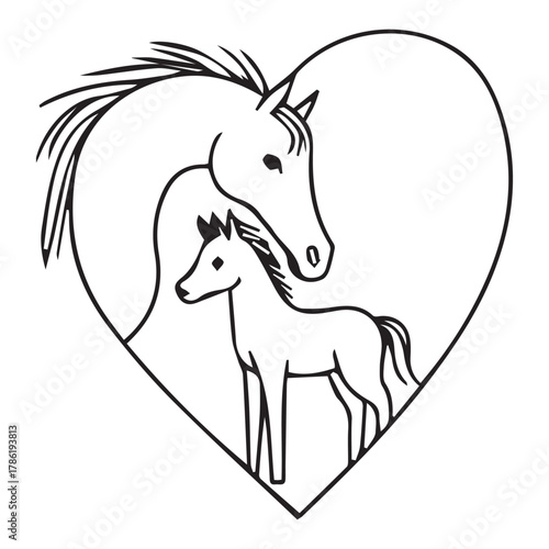 Loving heart shaped silhouette embracing a gentle horse mother and her adorable foal together