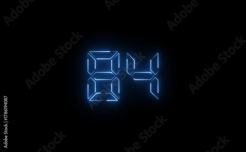 Illuminated eighty four number display with neon blue glow effect on a stark black background view