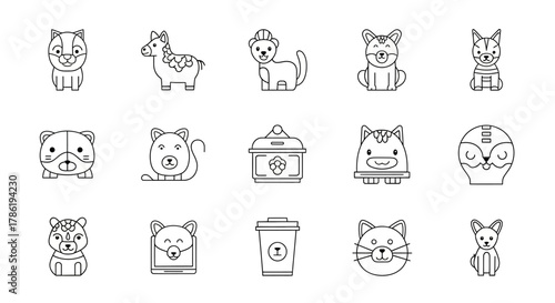 Collection of adorable animal and object icons in line art vector format, perfect for design