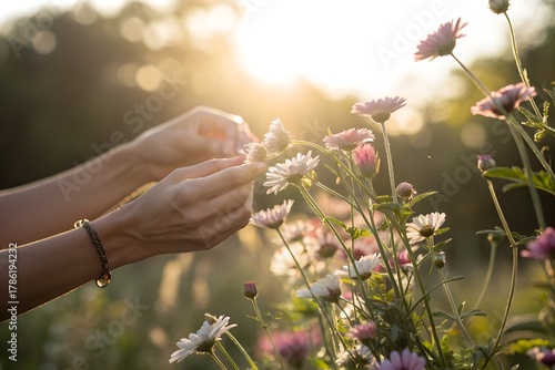 A bee rests on a white daisy in a field of flowers.
