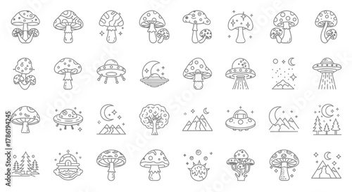 Collection of mystical and magical mushroom illustrations with space elements isolated on white