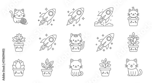 Delightful collection of minimalist illustrations featuring cute cats, plants and futuristic