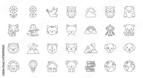 Collection of charming line art illustrations showcasing nature, animals, and whimsical objects