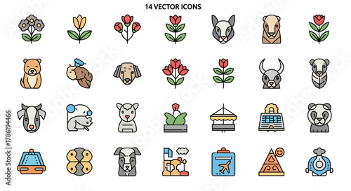 Vector Icon Collection: A Diverse Array of Nature, Animals, and Travel Concepts and Objects