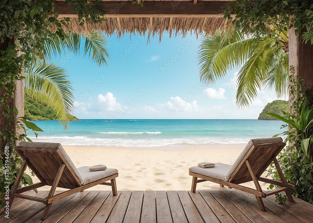 Obraz premium Rustic beach lounge chairs on wooden deck overlooking calm tropical ocean paradise.