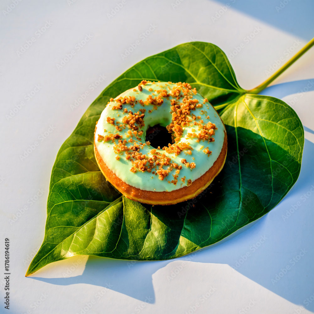 Obraz premium Refreshing Mint Green Glazed Donut with Sprinkles Resting on a Bright Tropical Leaf