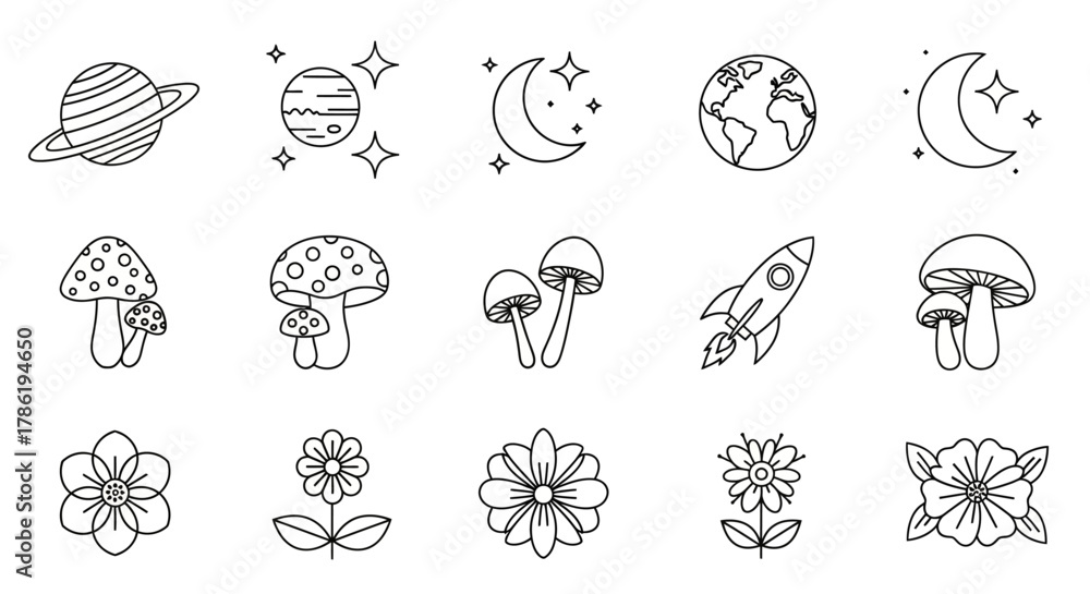 Fototapeta premium Collection of charming doodle illustrations featuring celestial elements and botanical shapes line