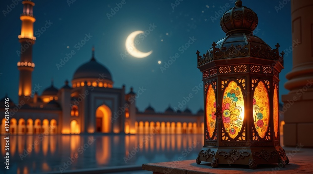 Fototapeta premium Glowing ramadan lantern in front of a mosque under a crescent moon