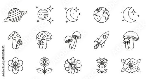 Collection of charming doodle illustrations featuring celestial elements and botanical shapes line