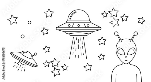 Extraterrestrial visitation whimsical line art illustration featuring alien and spaceships amid